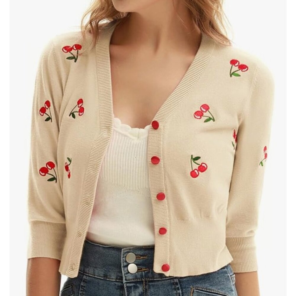 Belle Poque Women's 3/4 Sleeve V-Neck Button Down Cherries Embroidery 3XL NWT